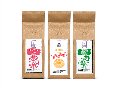 Sada zrnkové kávy - Brazílie, Etiopie, Kolumbie bez kofeinu - 3×250 g